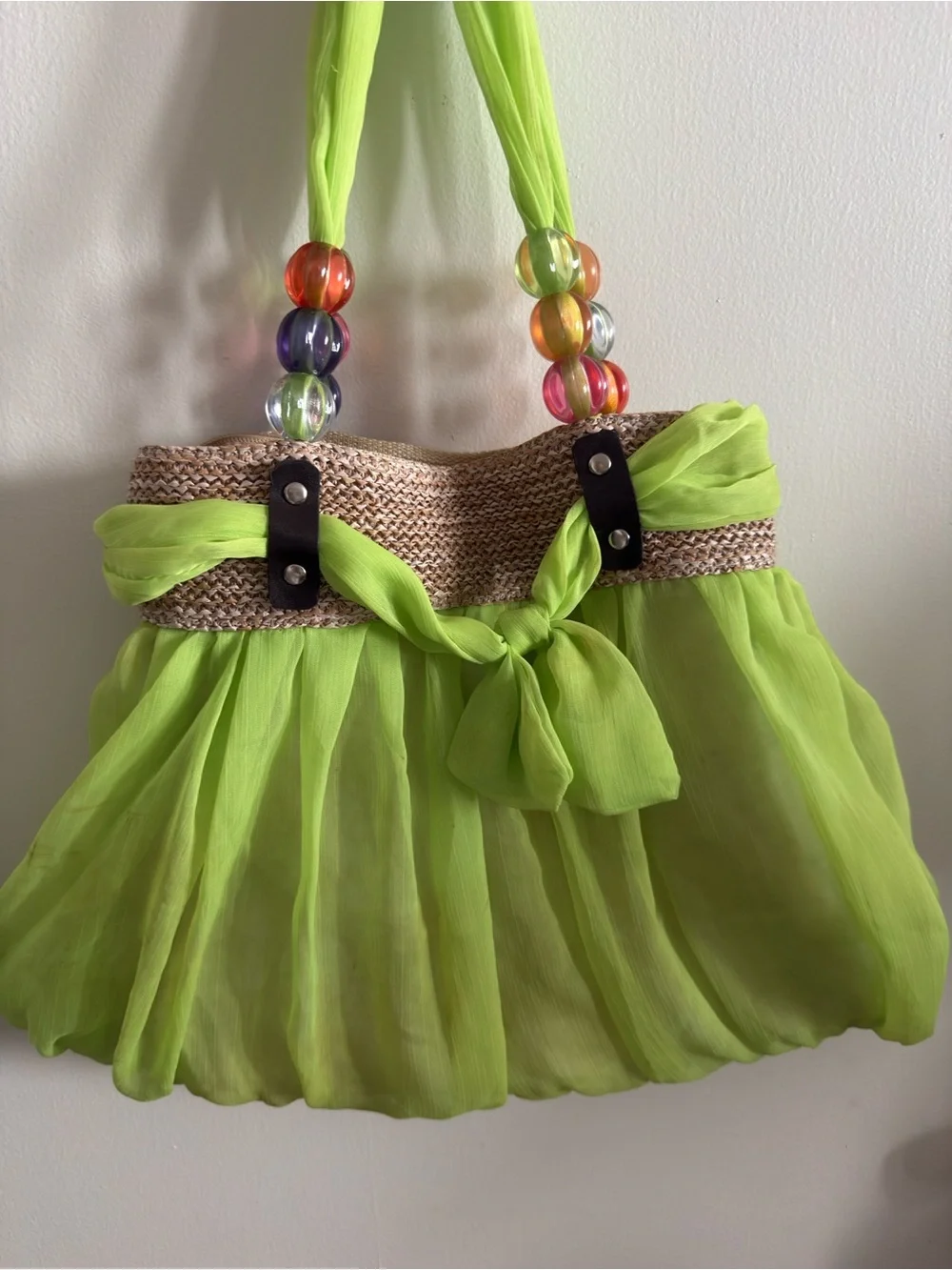 Women’s Lime Green Beaded Handle Tote Bag